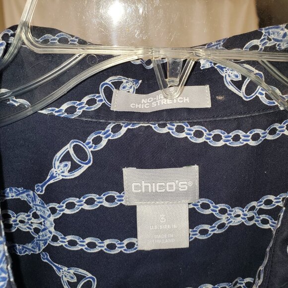 Chico's No-Iron Stretch 3/4 Sleeve Blue/White Chain Print Blouse - Chico's 3 - Picture 4 of 4